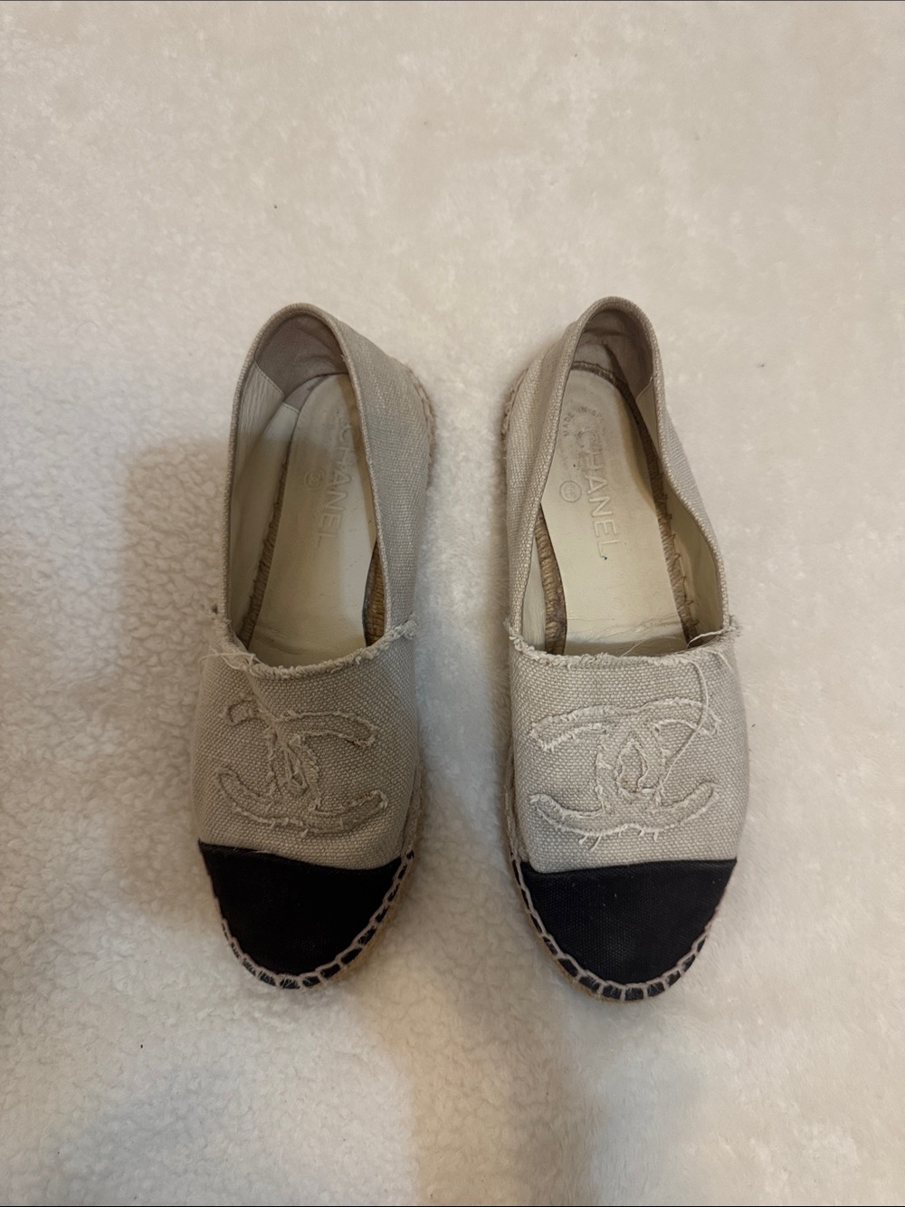 CHANEL Two-Tone Canvas Espadrilles in Beige and Black